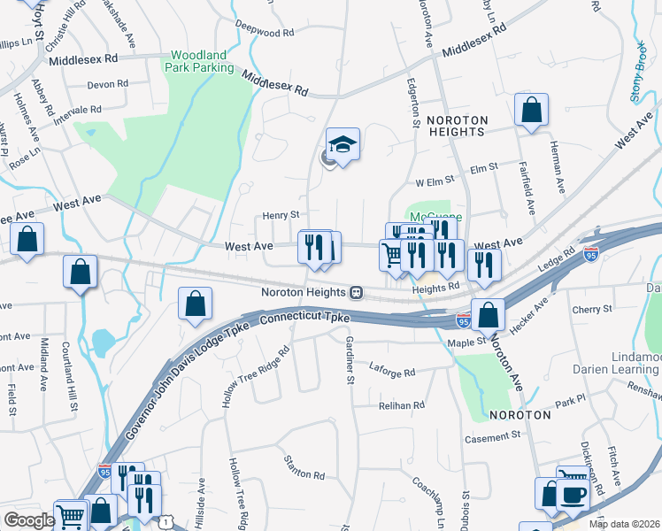 map of restaurants, bars, coffee shops, grocery stores, and more near 166 Hollow Tree Ridge Road in Darien