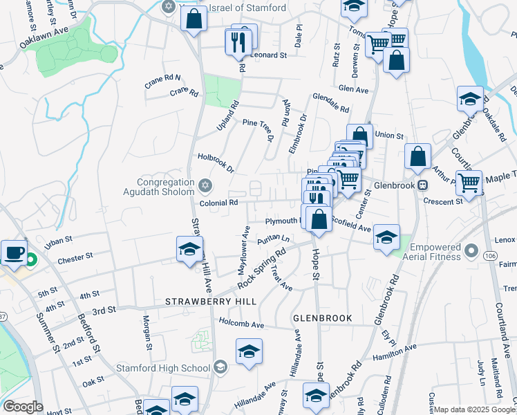 map of restaurants, bars, coffee shops, grocery stores, and more near 112 Colonial Road in Stamford
