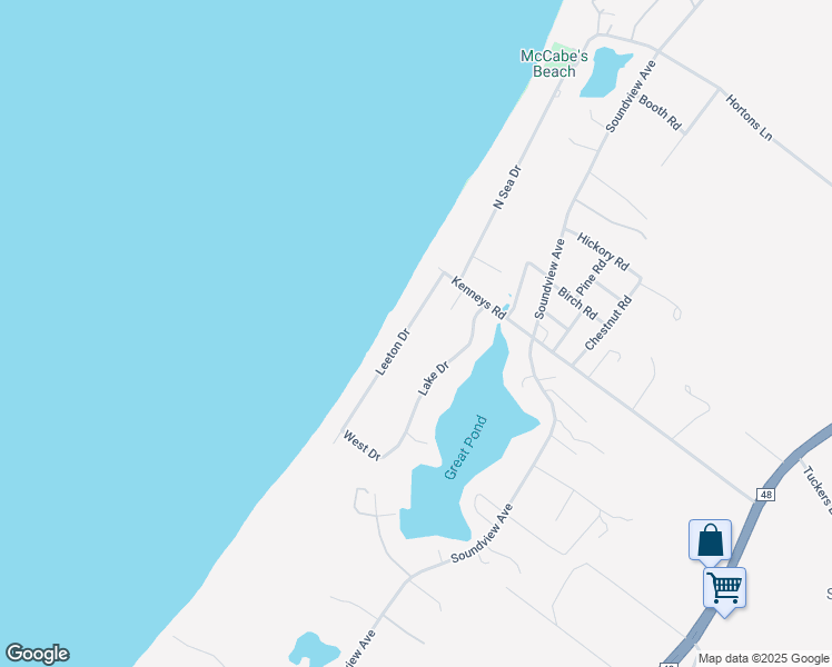 map of restaurants, bars, coffee shops, grocery stores, and more near 705 Leeton Drive in Southold