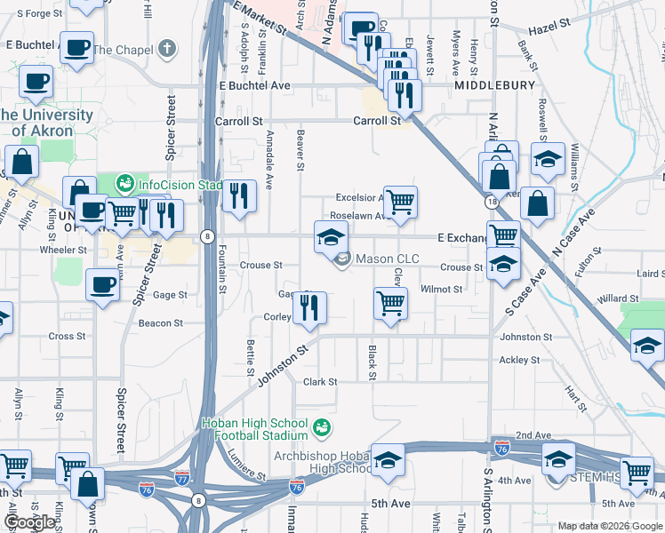 map of restaurants, bars, coffee shops, grocery stores, and more near 700 East Exchange Street in Akron