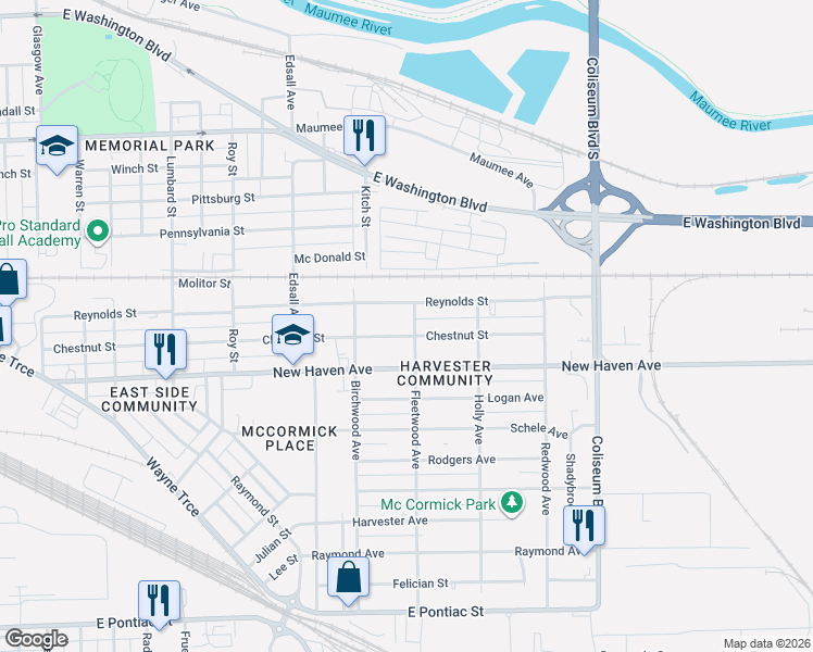 map of restaurants, bars, coffee shops, grocery stores, and more near 3331 Chestnut Street in Fort Wayne
