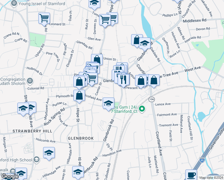 map of restaurants, bars, coffee shops, grocery stores, and more near 25 Center Terrace in Stamford