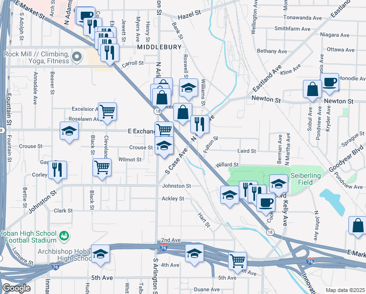 map of restaurants, bars, coffee shops, grocery stores, and more near 1004 East Market Street in Akron