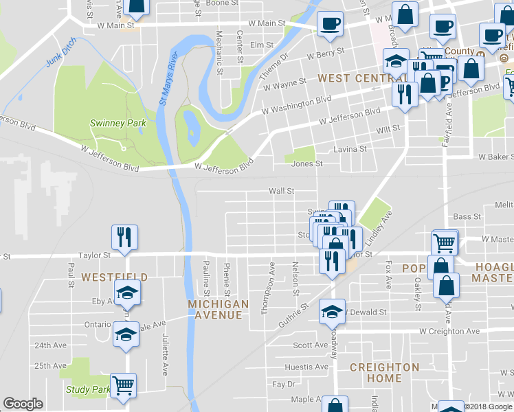 map of restaurants, bars, coffee shops, grocery stores, and more near 1432 Swinney Avenue in Fort Wayne