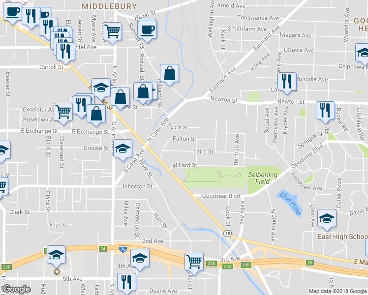 map of restaurants, bars, coffee shops, grocery stores, and more near 1111 Laird St in Akron