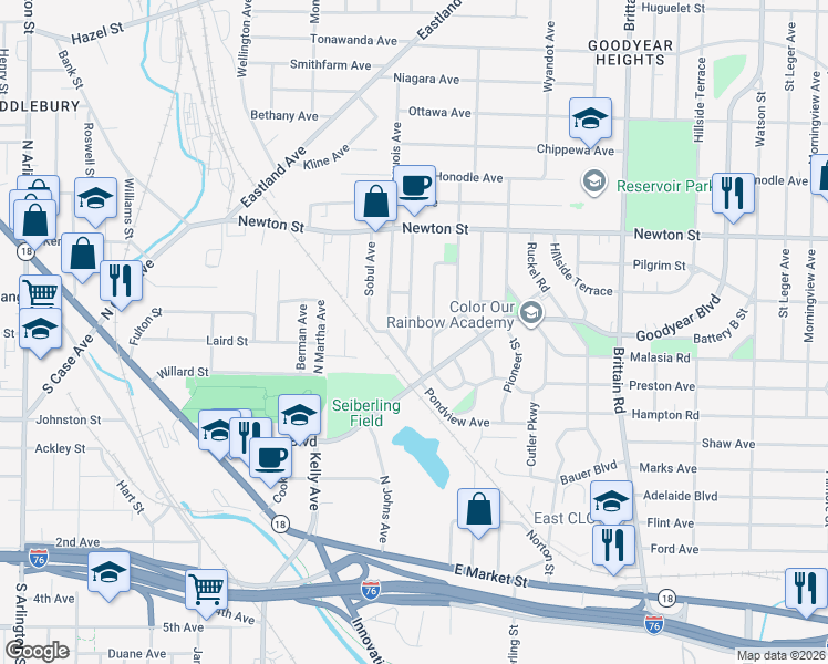map of restaurants, bars, coffee shops, grocery stores, and more near 223 Kryder Avenue in Akron
