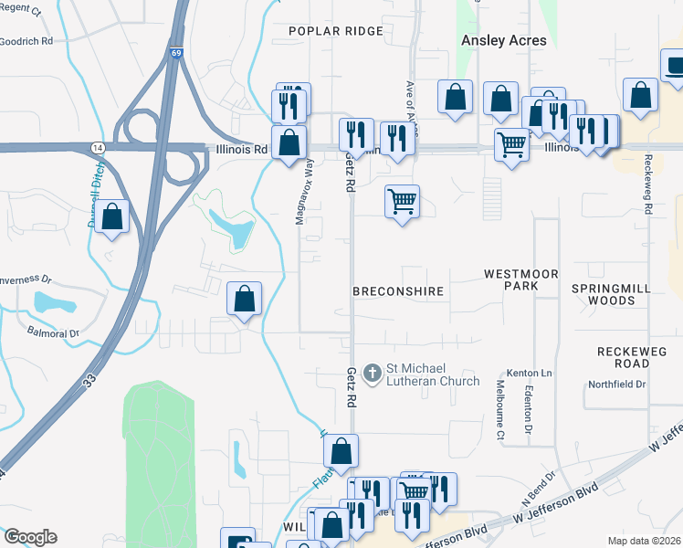 map of restaurants, bars, coffee shops, grocery stores, and more near 1706 Getz Road in Fort Wayne