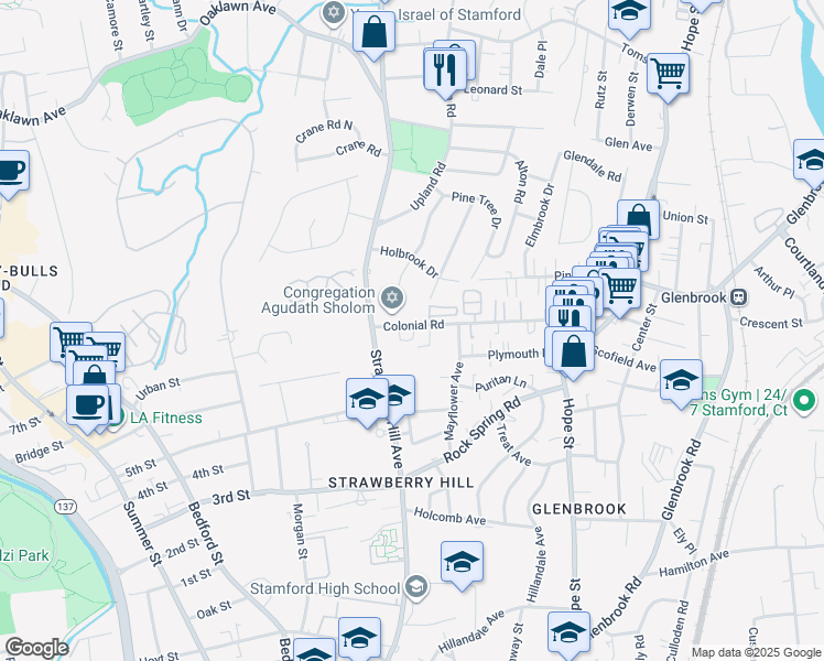 map of restaurants, bars, coffee shops, grocery stores, and more near 162 Colonial Road in Stamford