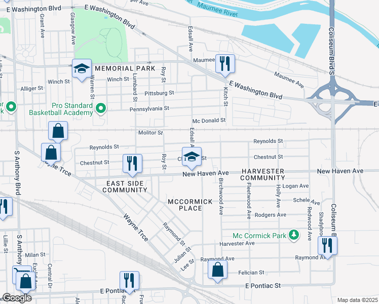 map of restaurants, bars, coffee shops, grocery stores, and more near 1718 Edsall Avenue in Fort Wayne