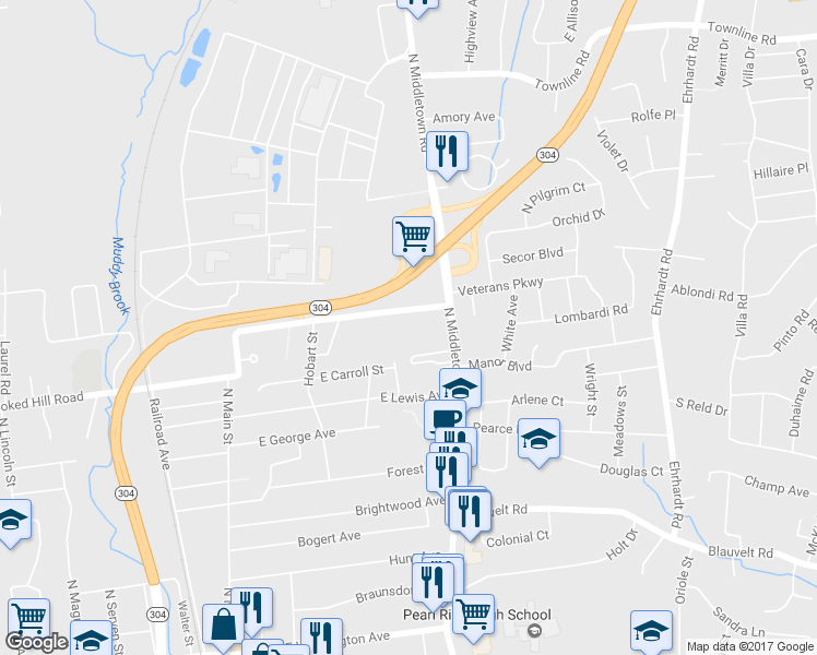 map of restaurants, bars, coffee shops, grocery stores, and more near 564 East Crooked Hill Road in Pearl River