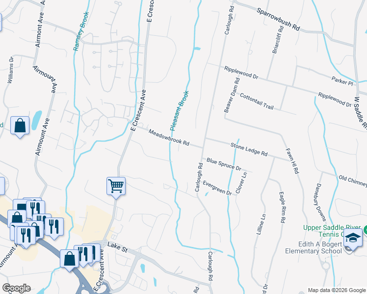 map of restaurants, bars, coffee shops, grocery stores, and more near 2 Primrose Court in Upper Saddle River