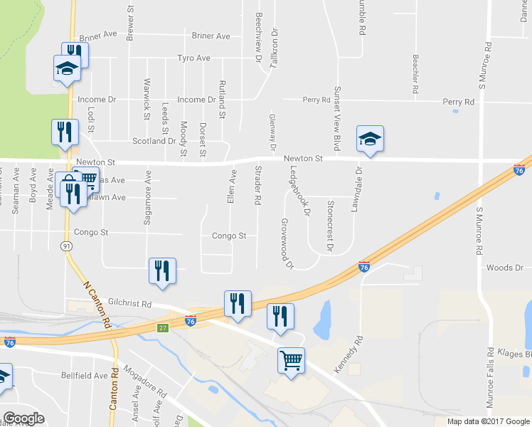 map of restaurants, bars, coffee shops, grocery stores, and more near 413 Strader Road in Akron