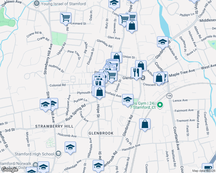 map of restaurants, bars, coffee shops, grocery stores, and more near 287 Hope Street in Stamford