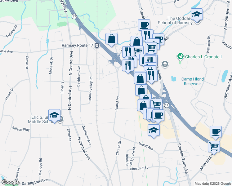 map of restaurants, bars, coffee shops, grocery stores, and more near 453 Island Road in Ramsey