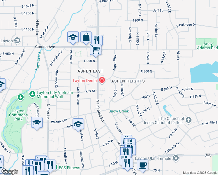 map of restaurants, bars, coffee shops, grocery stores, and more near 1437 Snow Creek Circle in Layton