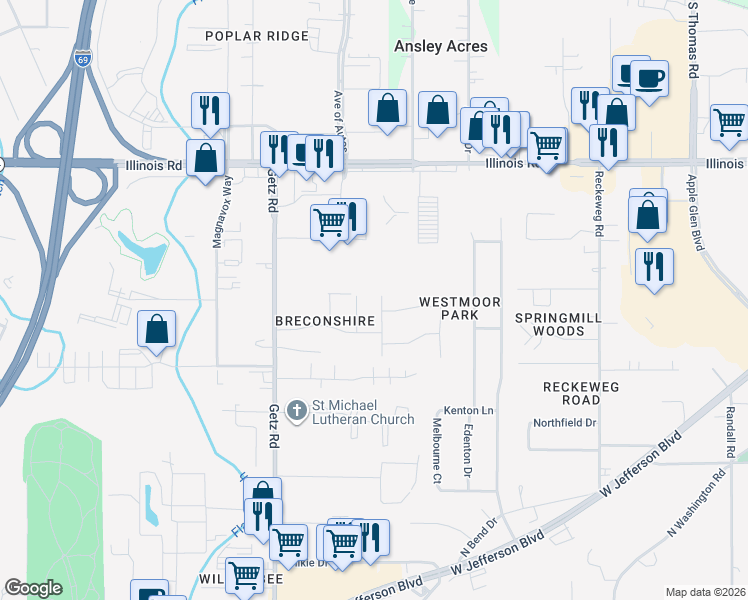 map of restaurants, bars, coffee shops, grocery stores, and more near 1622 Briar Fence Lane in Fort Wayne