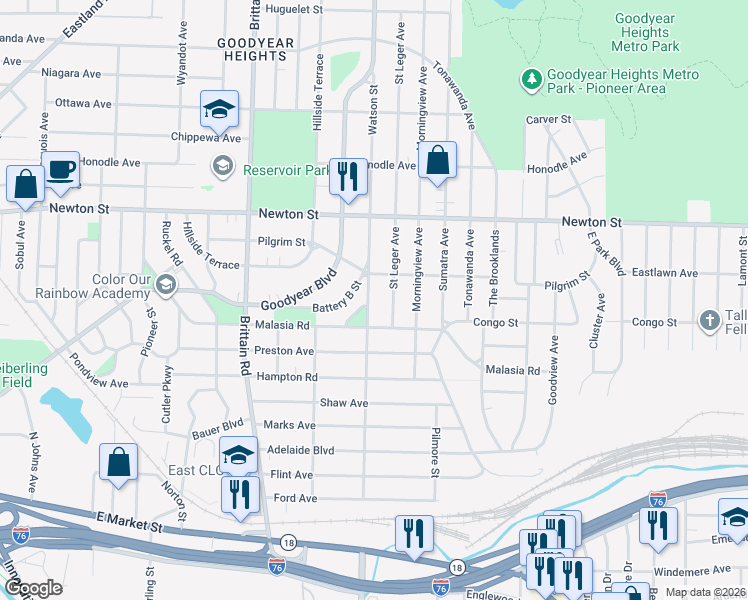 map of restaurants, bars, coffee shops, grocery stores, and more near 287 Watson Street in Akron