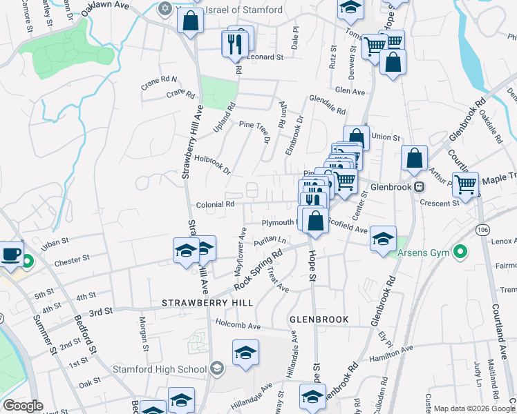 map of restaurants, bars, coffee shops, grocery stores, and more near 112 Colonial Road in Stamford