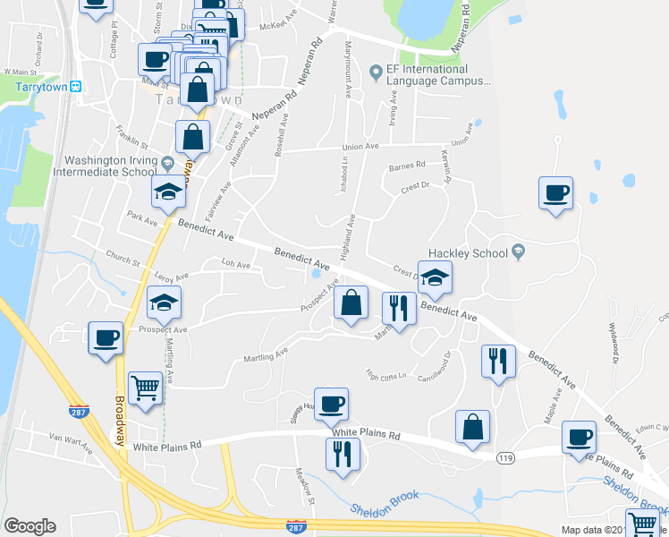 map of restaurants, bars, coffee shops, grocery stores, and more near 198 Benedict Avenue in Tarrytown