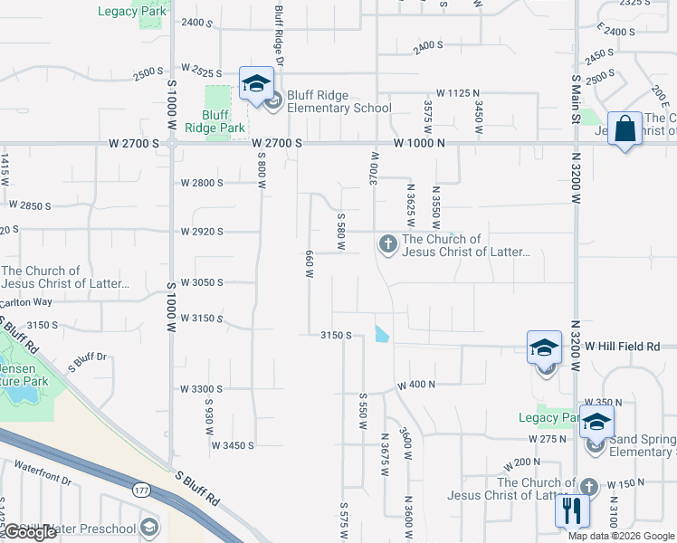map of restaurants, bars, coffee shops, grocery stores, and more near 3008 South 600 West in Syracuse