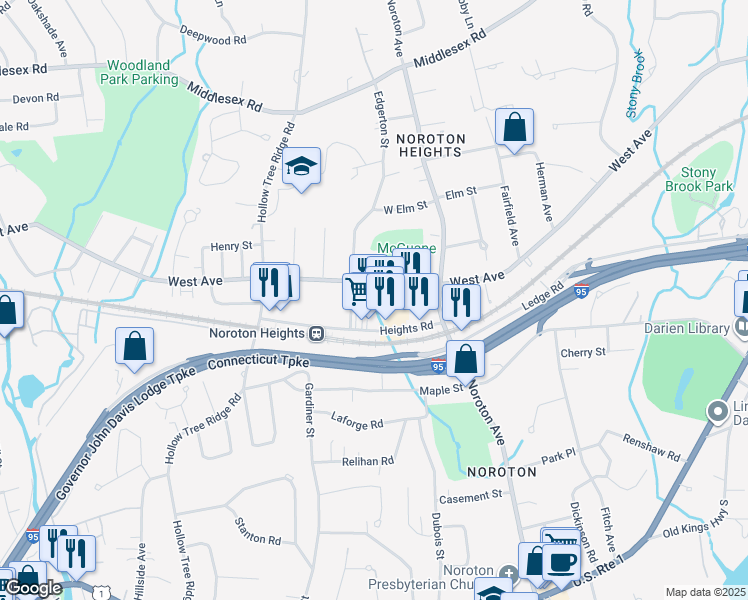 map of restaurants, bars, coffee shops, grocery stores, and more near 148 Heights Road in Darien