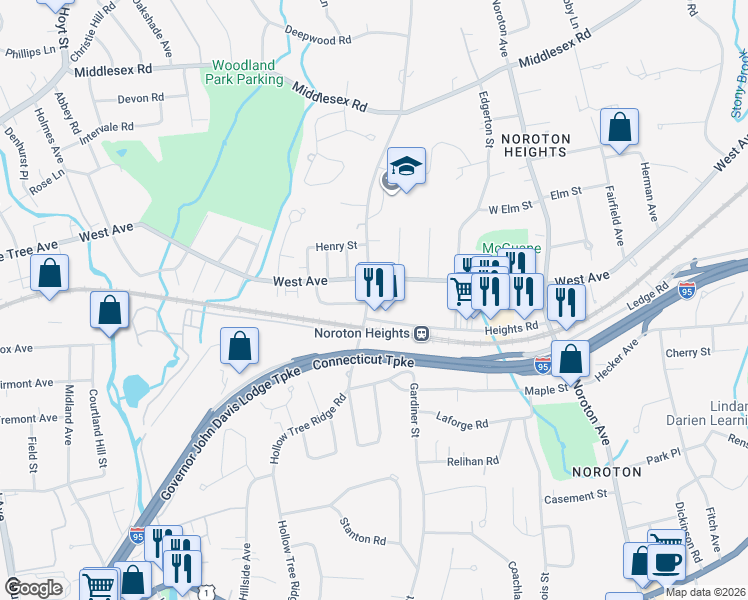 map of restaurants, bars, coffee shops, grocery stores, and more near 166 Hollow Tree Ridge Road in Darien