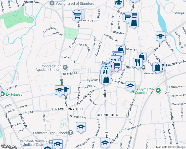 map of restaurants, bars, coffee shops, grocery stores, and more near 80 Colonial Road in Stamford