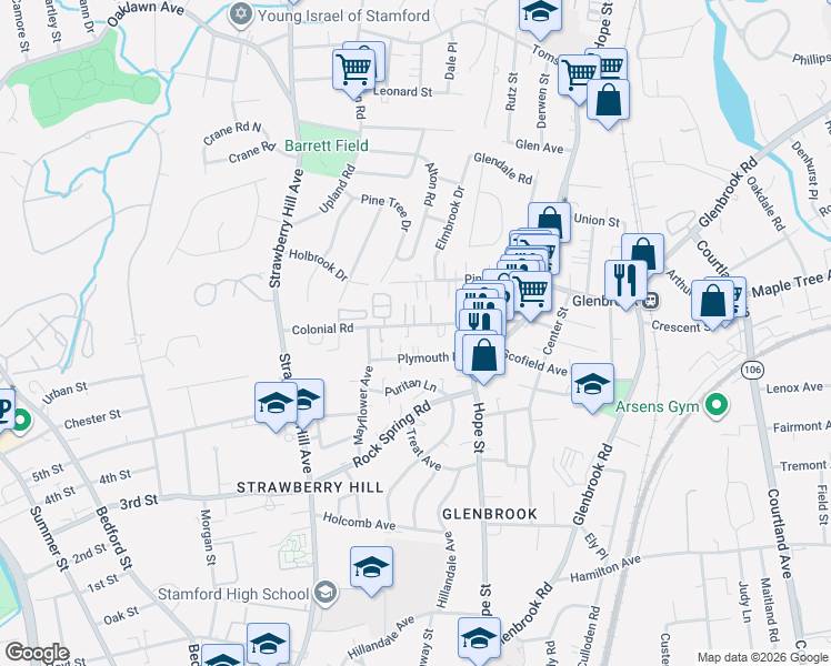 map of restaurants, bars, coffee shops, grocery stores, and more near 80 Colonial Road in Stamford