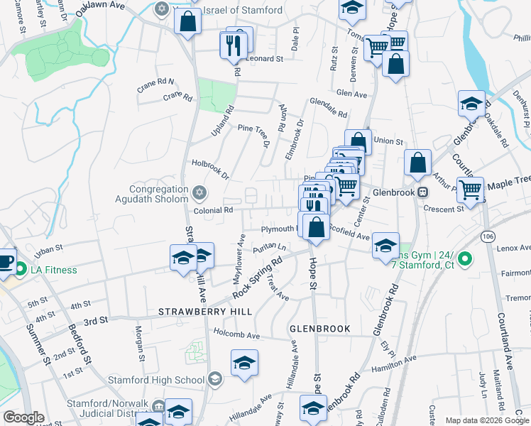 map of restaurants, bars, coffee shops, grocery stores, and more near 112 Colonial Road in Stamford