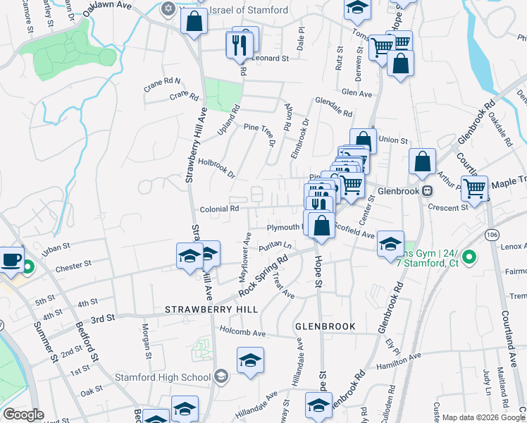 map of restaurants, bars, coffee shops, grocery stores, and more near 112 Colonial Road in Stamford