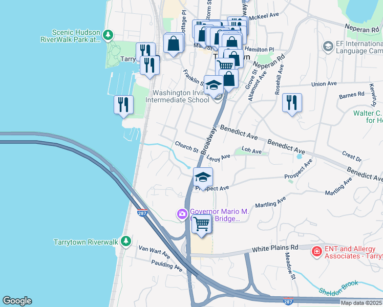 map of restaurants, bars, coffee shops, grocery stores, and more near 16 Church Street in Tarrytown