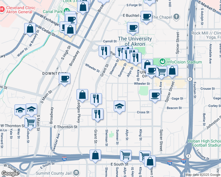 map of restaurants, bars, coffee shops, grocery stores, and more near 490 Rentschler Street in Akron