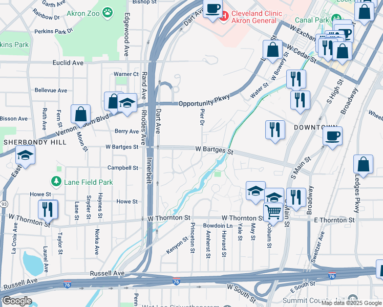 map of restaurants, bars, coffee shops, grocery stores, and more near 895 Quarry Drive in Akron