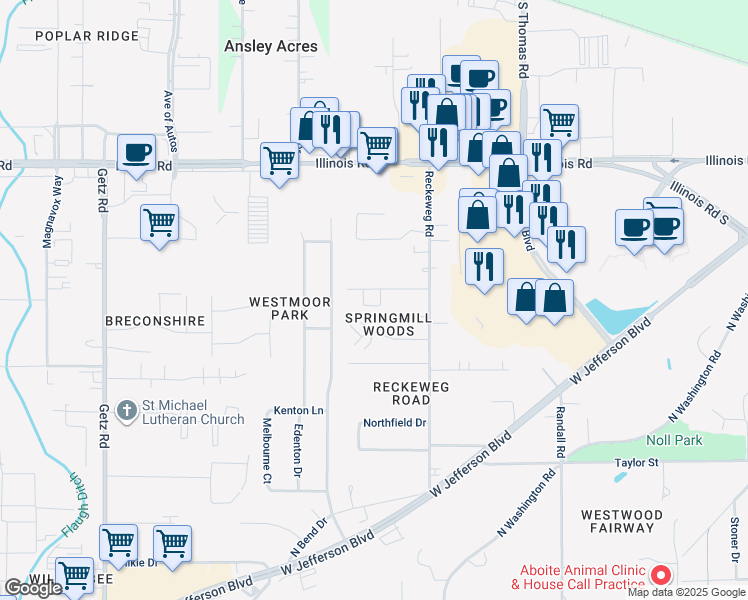 map of restaurants, bars, coffee shops, grocery stores, and more near in Fort Wayne