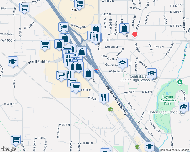 map of restaurants, bars, coffee shops, grocery stores, and more near 702 North Cowley Drive in Layton