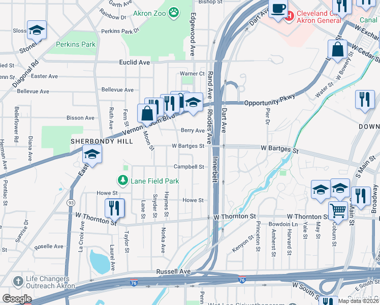 map of restaurants, bars, coffee shops, grocery stores, and more near 331 Keifer Court in Akron