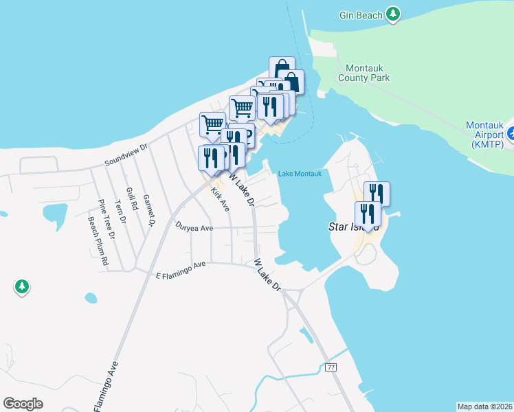 map of restaurants, bars, coffee shops, grocery stores, and more near 408 West Lake Drive in Montauk