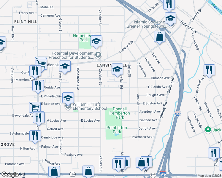 map of restaurants, bars, coffee shops, grocery stores, and more near 939 East Florida Avenue in Youngstown