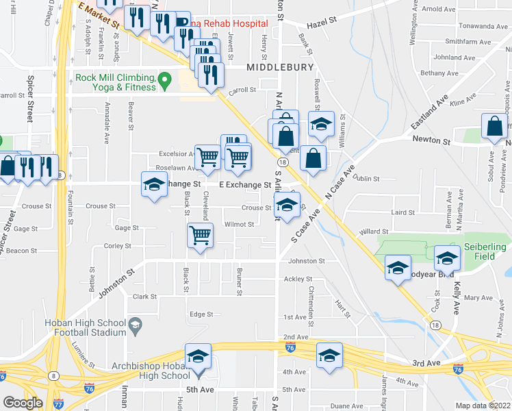map of restaurants, bars, coffee shops, grocery stores, and more near 78 Forrest Street in Akron