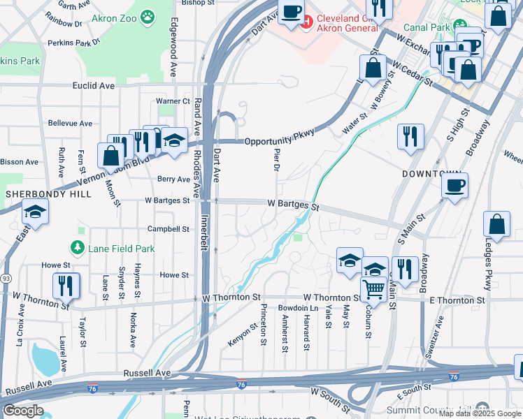 map of restaurants, bars, coffee shops, grocery stores, and more near 895 Quarry Drive in Akron