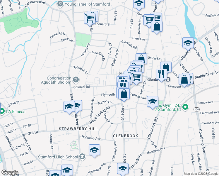 map of restaurants, bars, coffee shops, grocery stores, and more near 80 Colonial Road in Stamford