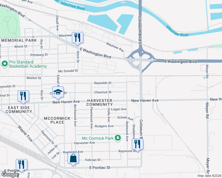 map of restaurants, bars, coffee shops, grocery stores, and more near 3601 Chestnut Street in Fort Wayne