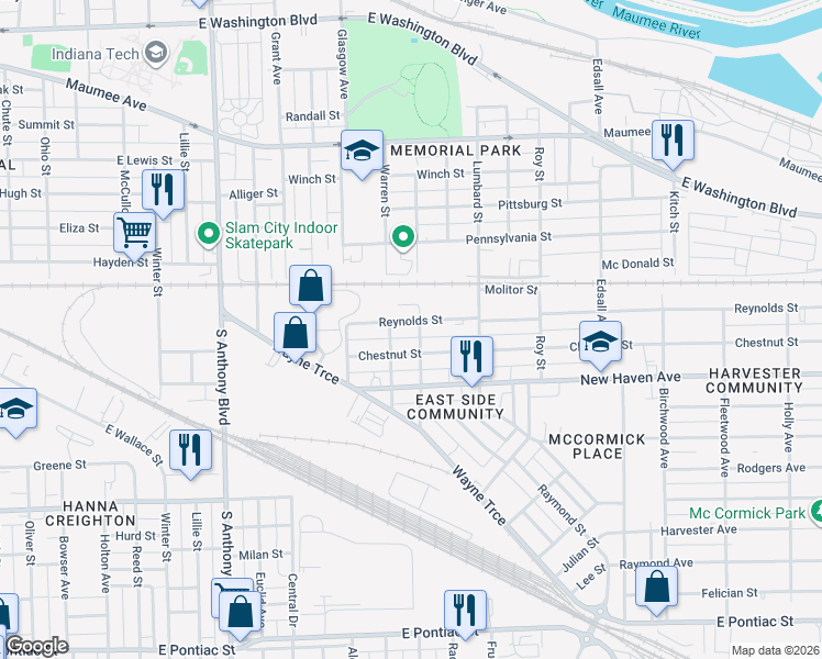 map of restaurants, bars, coffee shops, grocery stores, and more near 2320 Reynolds Street in Fort Wayne