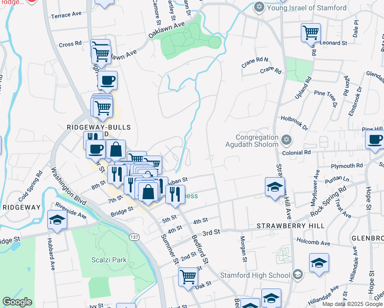 map of restaurants, bars, coffee shops, grocery stores, and more near 2435 Bedford Street in Stamford