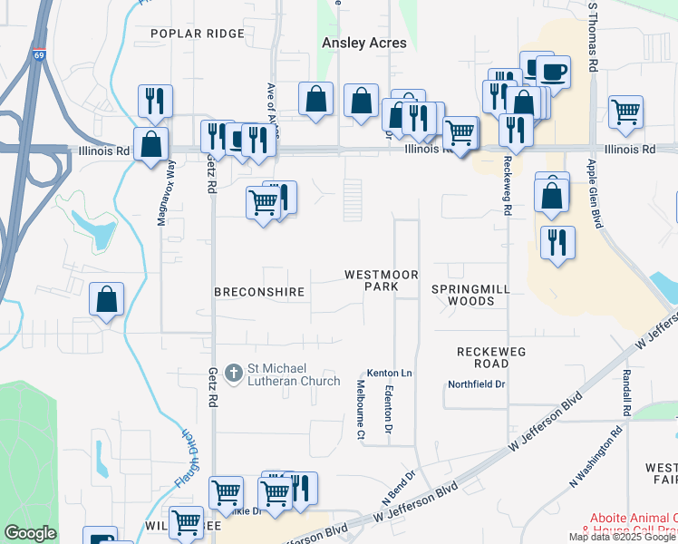 map of restaurants, bars, coffee shops, grocery stores, and more near 5406 Curry Ford Lane in Fort Wayne