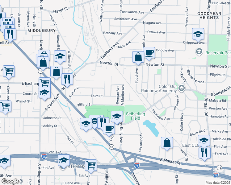map of restaurants, bars, coffee shops, grocery stores, and more near 1227 Laird Street in Akron