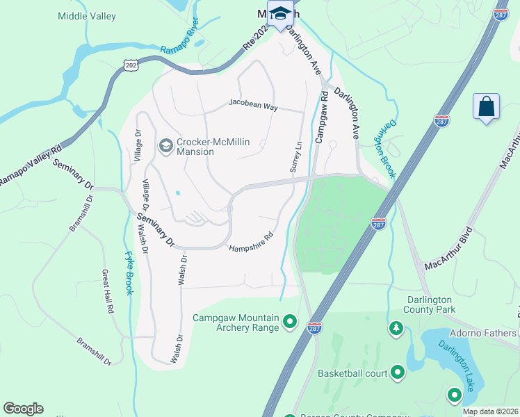 map of restaurants, bars, coffee shops, grocery stores, and more near 6 Seton Lane in Mahwah