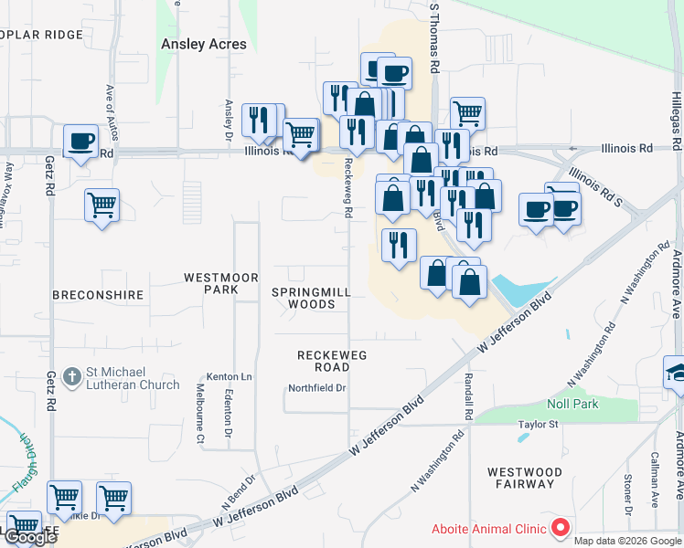map of restaurants, bars, coffee shops, grocery stores, and more near 1624 Reckeweg Road in Fort Wayne