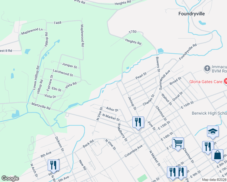 map of restaurants, bars, coffee shops, grocery stores, and more near 104 Cedar St in Berwick