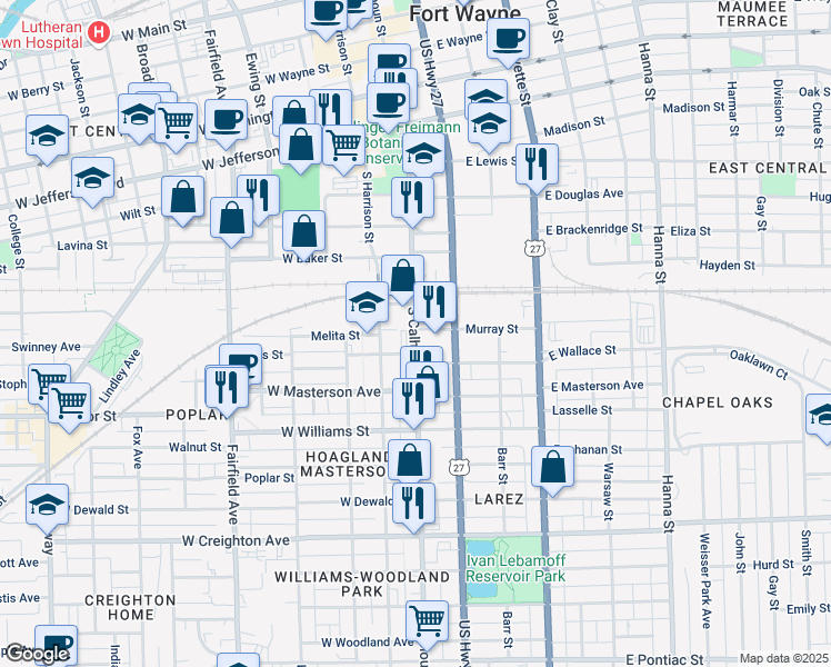 map of restaurants, bars, coffee shops, grocery stores, and more near 1717 South Calhoun Street in Fort Wayne